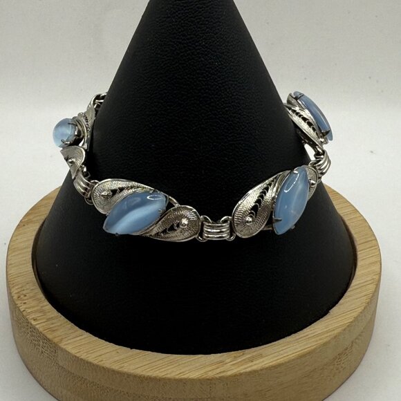 Sterling Silver Blue Moon Stone Bracelet With Safety Chain By Alice Caviness - Picture 1 of 7